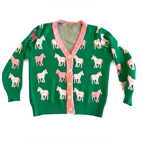 Green Pink Horse Print Cardigan – Whimsical Knit Sweater – Size Small NWOT - Picture 3 of 4